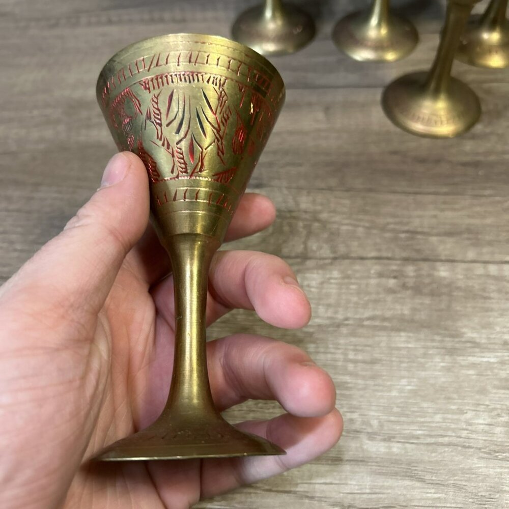 Etched Brass Wine Goblet India Table Top Decor Vintage Beware 5 Small Solid Cups - Picture 3 of 9